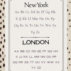 May include: A rectangular white sign with a decorative border featuring the text New York followed by the alphabet in upper and lower case, a horizontal divider, and the text LONDON followed by the alphabet in upper case letters.