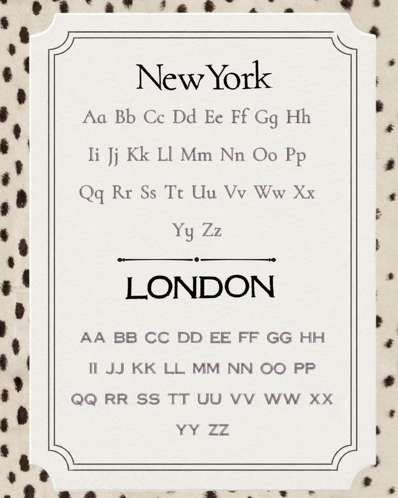 May include: A rectangular white sign with a decorative border featuring the text New York followed by the alphabet in upper and lower case, a horizontal divider, and the text LONDON followed by the alphabet in upper case letters.