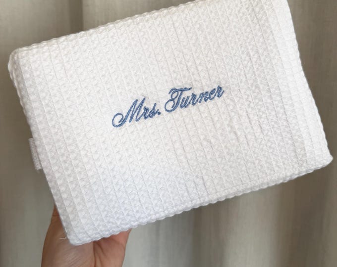 Personalized Waffle Knit Cosmetic Bag | Custom Embroidered Makeup Pouch, Bridesmaid Gift, Travel Bag, Pilates Sock Bag, Birthday, Valentines