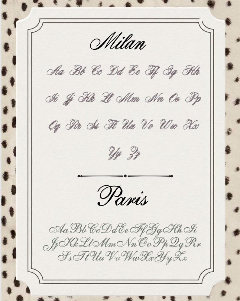May include: A rectangular white sign with a black border featuring two distinct cursive font styles labeled Milan and Paris. Each section displays the full alphabet in uppercase and lowercase letters in a decorative script style on a cream background.