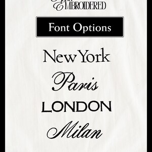 May include: A black and white image showcasing font options for embroidery. The text includes "Font Options," followed by font names: New York, Paris, London, and Milan. The image also includes the text "See next slides for full alphabets."