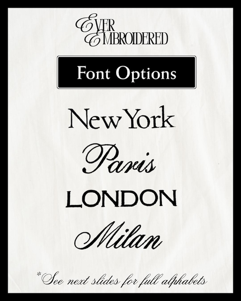 May include: A black and white image showcasing font options for embroidery. The text includes "Font Options," followed by font names: New York, Paris, London, and Milan. The image also includes the text "See next slides for full alphabets."