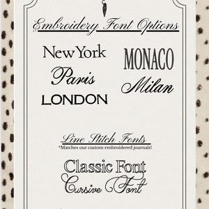 May include: A white rectangular sign with a black border and a small cat icon at the top. It displays text options: Embroidery Font Options, New York, Monaco, Paris, Milan, London, Line Stitch Fonts, Classic Font, and Cursive Font.