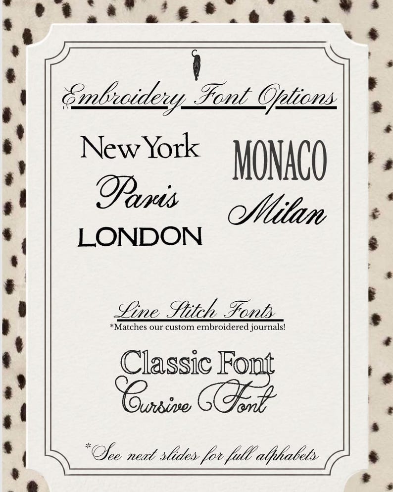 May include: A white rectangular sign with a black border and a small cat icon at the top. It displays text options: Embroidery Font Options, New York, Monaco, Paris, Milan, London, Line Stitch Fonts, Classic Font, and Cursive Font.