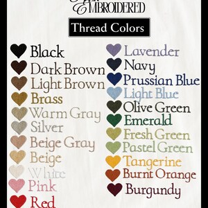 May include: A color chart displaying thread colors, including black, dark brown, light brown, brass, warm gray, silver, beige gray, beige, white, pink, and red. Additional colors include lavender, navy, Prussian blue, light blue, olive green, emerald, fresh green, pastel green, tangerine, burnt orange, and burgundy.