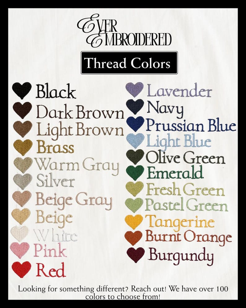 May include: A color chart displaying thread colors, including black, dark brown, light brown, brass, warm gray, silver, beige gray, beige, white, pink, and red. Additional colors include lavender, navy, Prussian blue, light blue, olive green, emerald, fresh green, pastel green, tangerine, burnt orange, and burgundy.