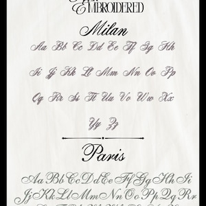 May include: A white background displays two elegant cursive fonts, "Milan" and "Paris", with their respective alphabets. The text "EVER EMBROIDERED" is at the top. The fonts are in black and gray.
