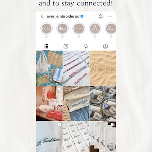 May include: A grid of Instagram posts showcasing embroidered items. The posts feature tote bags, towels, and other textiles with custom embroidery. Text includes "ever_embroidered", "Electric Picks", and "A Tradition".