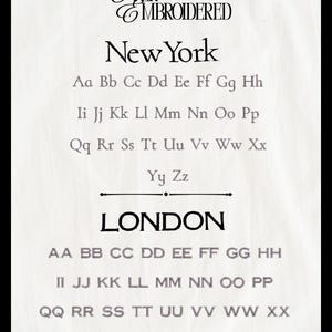 May include: A light-colored print featuring the text "EVER EMBROIDERED" above the words "New York" and "LONDON". The image displays the alphabet in uppercase and lowercase letters in a serif font.