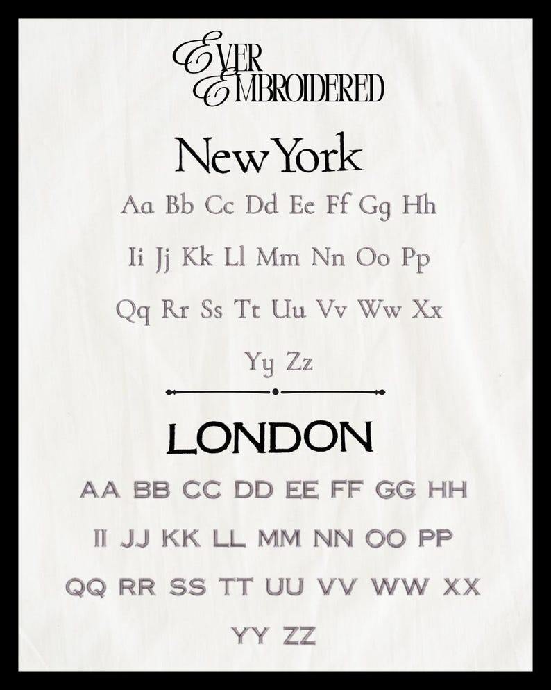 May include: A light-colored print featuring the text "EVER EMBROIDERED" above the words "New York" and "LONDON". The image displays the alphabet in uppercase and lowercase letters in a serif font.