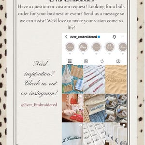 May include: A digital graphic featuring the Ever Embroidered Instagram profile page. The text invites custom requests and bulk orders, while the grid displays various embroidered items like bags, towels, and linens. The handle is @Ever_Embroidered.