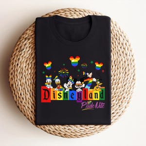 May include: Black t-shirt featuring Disney characters and the text "Disneyland Pride Nite" in rainbow colors. Mickey Mouse balloons and fireworks are also included in the design. The shirt is displayed on a woven surface.