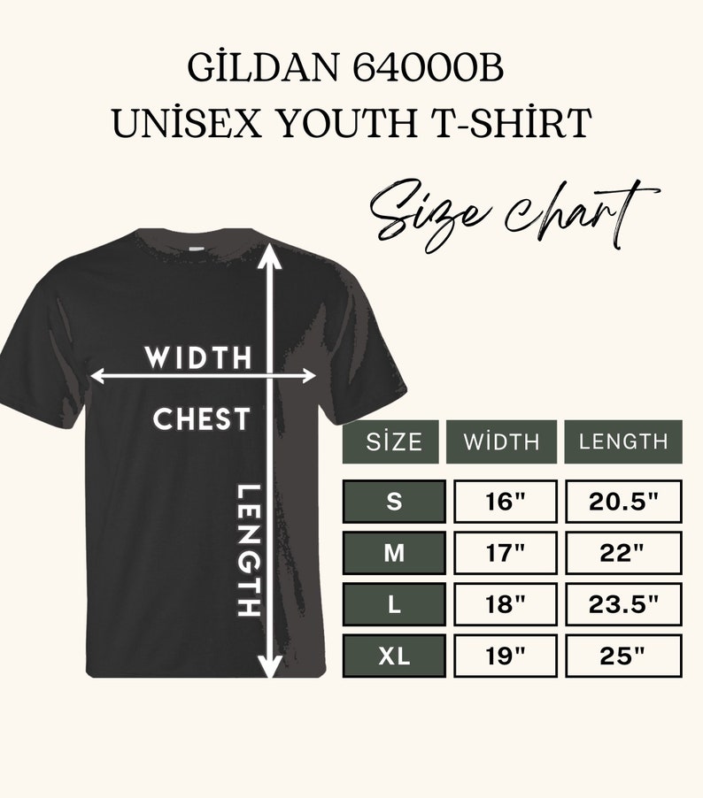 May include: Black Gildan 64000B unisex youth t-shirt with a size chart. The chart shows measurements for sizes S, M, L, and XL. Width measurements range from 16" to 19", and length measurements range from 20.5" to 25".