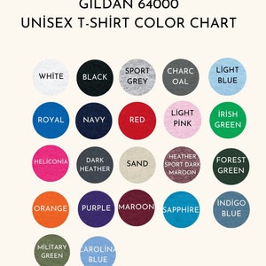 May include: A color chart for Gildan 64000 unisex t-shirts. The chart displays a variety of colors, including white, black, sport grey, charcoal, light blue, royal, navy, red, light pink, Irish green, heliconia, dark heather, sand, heather sport dark maroon, forest green, orange, purple, maroon, sapphire, indigo blue, military green, and Carolina blue.