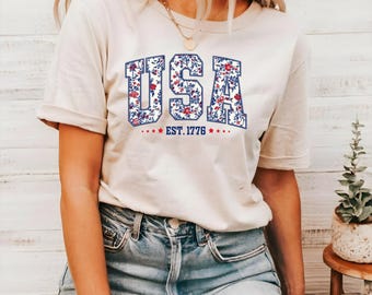 Floral USA Flag Shirt: Patriotic 4th of July Tee