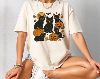 Comfort Colors Black Cat Halloween Shirt: Retro Gothic Tee
