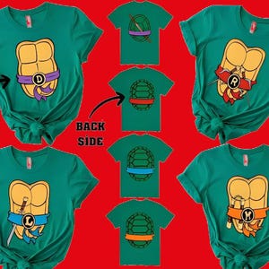 May include: Set of eight green t-shirts featuring different Teenage Mutant Ninja Turtles characters. The front of the shirts feature the characters' names and the back of the shirts feature the characters' shell designs.