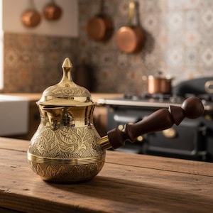 Puede incluir: Una cafetera dorada y ornamentada, con tapa y asa de madera, con intrincados diseños florales. Se encuentra sobre una superficie de madera. El fondo muestra una cocina con ollas de cobre y una estufa.