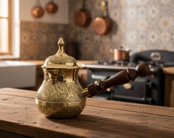 ヴィンテージ トルコ製真鍮製コーヒーポット（チェズベ）、木製