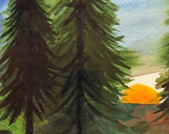 Sunset Pines III an original watercolor