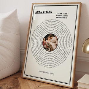 May include: A framed print with a light wood frame. The print features a circular arrangement of song lyrics around a central photo. Text at the top reads "SONG TITLES" and "ARTIST NAME". The bottom has the text "Your Message Here".