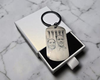 Personalised Photo Keychain, Custom Engraved Metal Keyring with Photo and Text, Wedding, Anniversary, Mother's Day, Dad, Mum Gift