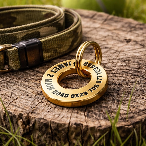 Pet ID Collar Tag, Custom Engraved Brass or Stainless Steel Personalised Dog Cat Tag