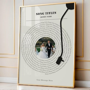 May include: A framed art print with a gold border. The artwork features a circular design with song lyrics, a photo of a couple, and the text "SONG TITLES" and "ARTIST NAME". The bottom of the print reads "Your Message Here".
