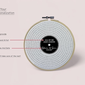May include: A white embroidery hoop with a black and white record design. The record features the song "All of Me" by John Legend. The text "Olivia & Sam 14.02.2023" is printed on the record.