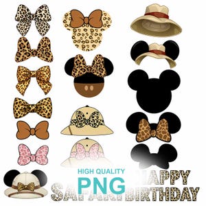 May include: A collection of digital graphic elements featuring leopard print bows, mouse-shaped silhouettes, safari hats, and the text "HIGH QUALITY PNG" and "HAPPY SAFARI BIRTHDAY" in a leopard pattern font, presented as a set of isolated design assets.