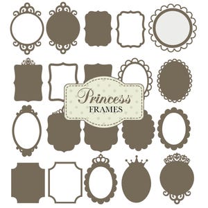 Könnte beinhalten: Ein Satz von 15 druckbaren Prinzessinnenrahmen in Braun. Die Rahmen sind in verschiedenen Formen und Größen, darunter Kreise, Ovale, Quadrate und Rechtecke. Die Rahmen sind mit verzierten Details wie Kronen, Wirbeln und Herzen verziert. Der Text "Princess Frames" ist in einer dekorativen Schrift geschrieben.