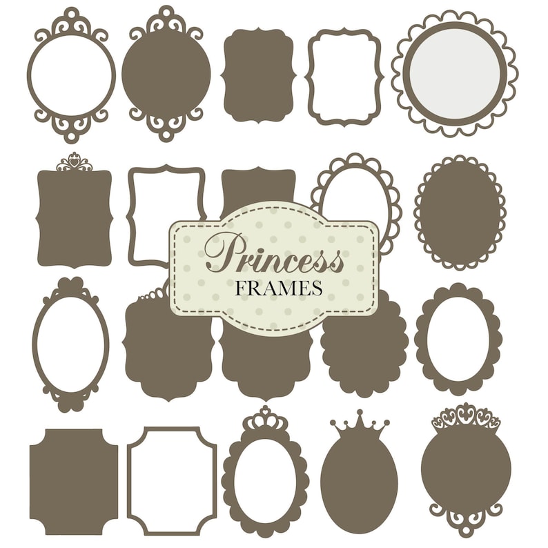 May include: A set of 15 printable princess frames in brown. The frames are in various shapes and sizes, including circles, ovals, squares, and rectangles. The frames are decorated with ornate details, such as crowns, swirls, and hearts. The text "Princess Frames" is written in a decorative font.