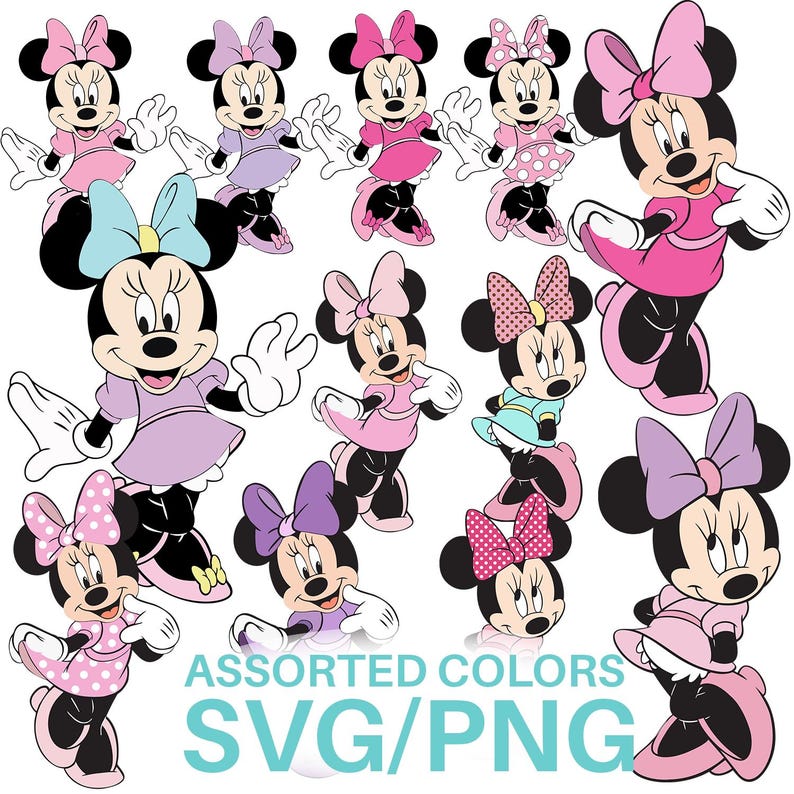 Färgglad Minnie Mouse Clipart, SVG PNG-filer (digital nedladdning) bild 1