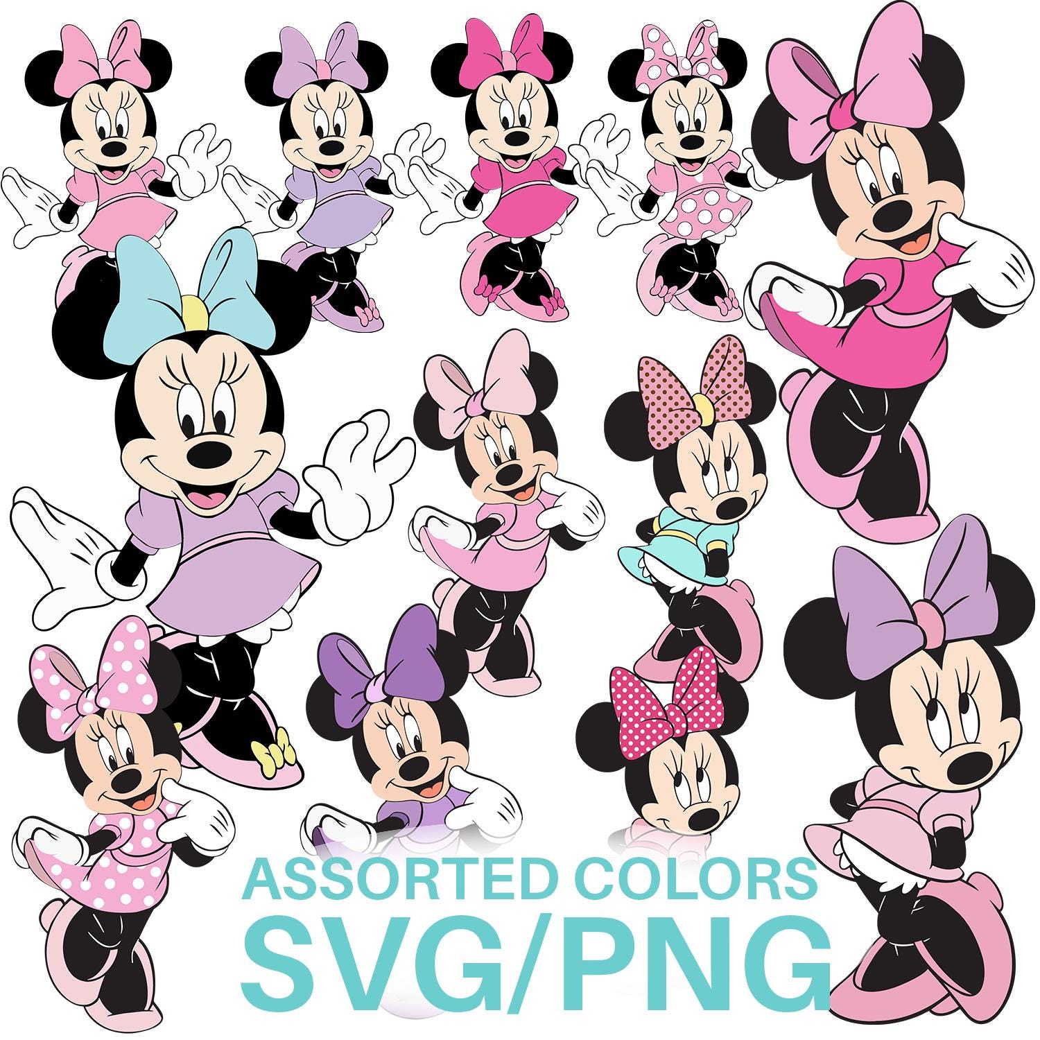 Minnie Mouse SVG/PNG Files, 24 Different Color Assortment Hight-Quality SVG, Minnie Mouse Decorations, Minnie Mouse High-Quality Printing