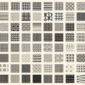 Könnte beinhalten: Eine Sammlung von 100 geometrischen Mustern in Schwarzweiß. Die Muster sind in einem Raster angeordnet und alle unterschiedlich. Sie sind alle einfach und abstrakt.