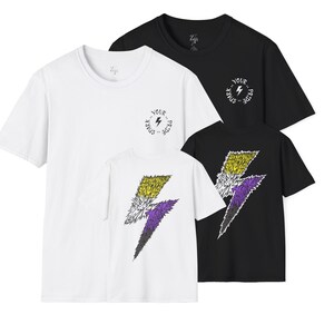 May include: A collection of white and black t-shirts featuring a small circular logo on the chest with the text "SPARK YOUR PRIDE" and a lightning bolt. The back of the shirts displays a large, jagged lightning bolt graphic in yellow, white, and purple.