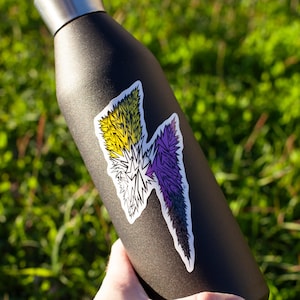 May include: A matte black metal water bottle featuring a lightning bolt sticker. The sticker displays a jagged, crystalline pattern transitioning in colour from yellow at the top, through white in the centre, to purple and dark blue at the bottom tip.