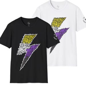 May include: A black short-sleeved t-shirt and a white short-sleeved t-shirt, each featuring a large lightning bolt graphic on the front. The bolt is composed of yellow, white, purple, and black jagged segments. The text "YOU SPARK" is printed on the sleeve.