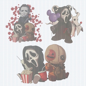 May include: A set of cartoon illustrations featuring horror movie characters. The images include Michael Myers, Ghostface, Sam from Trick 'r Treat, and a bear with a Ghostface mask holding balloons. Each character is depicted with popcorn and drinks.