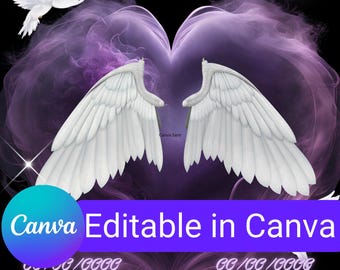May include: Purple heart with white angel wings and a dove in a cloud of smoke. The text "In Loving Memory" is at the top of the image. The text "Canva Editable in Canva" is in a blue circle at the bottom of the image. The text "Name" is in purple at the bottom of the image.