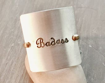 Badass – Hand Stamped Square Ring | Sterling Silver & 14k Gold Filled