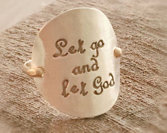 Hammered Sterling Silver and Gold Filled Ring - Hand Stamped "Let go and let God