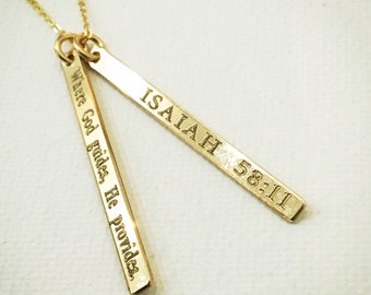 Skinny Bar Charms Necklace - Where God Guides, He Provides - ISAIAH Scripture Quote