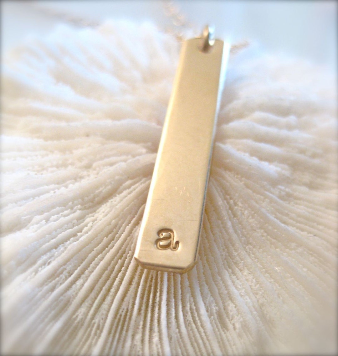 Gold Bar Charm Necklace Long Bar With Custom Initial 14k Etsy