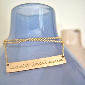 Gold Bar Necklace Inspiring Latin Quote- &quot;Love Conquers All&quot; - Simple Hand Stamping