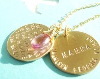 Hand Stamped Gold Charm Necklace / Mother and Grandmother Gift/ You Might Be The World and Surrounded by Love