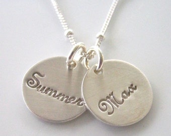 Custom Silver Charm Necklace - "Pretty Little Names in Sterling and Script" - Two Handmade Discs, Cursive Hand Stamping