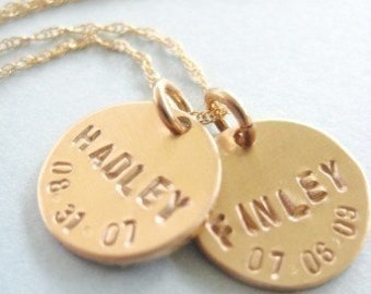 Custom Mommy Jewelry - "Gold Birthdates" necklace with 2 Discs on 14k gold filled Rope Chain