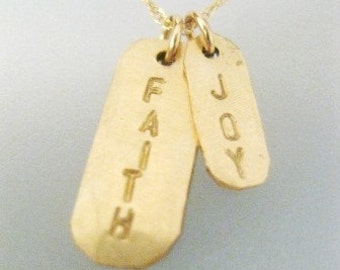 Gold Bar Charms Necklace - "A Little Faith and a Little Joy" Cute, Inspiring Handstamped Quote