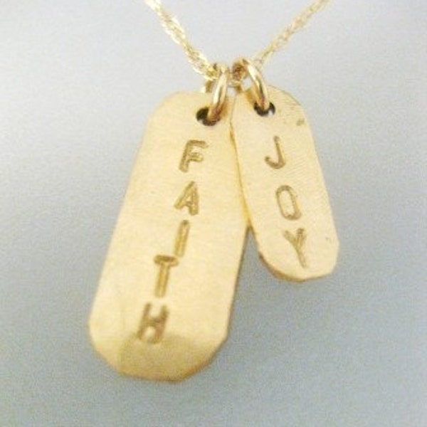 Gold Bar Charms Necklace - "A Little Faith and a Little Joy" Cute, Inspiring Handstamped Quote